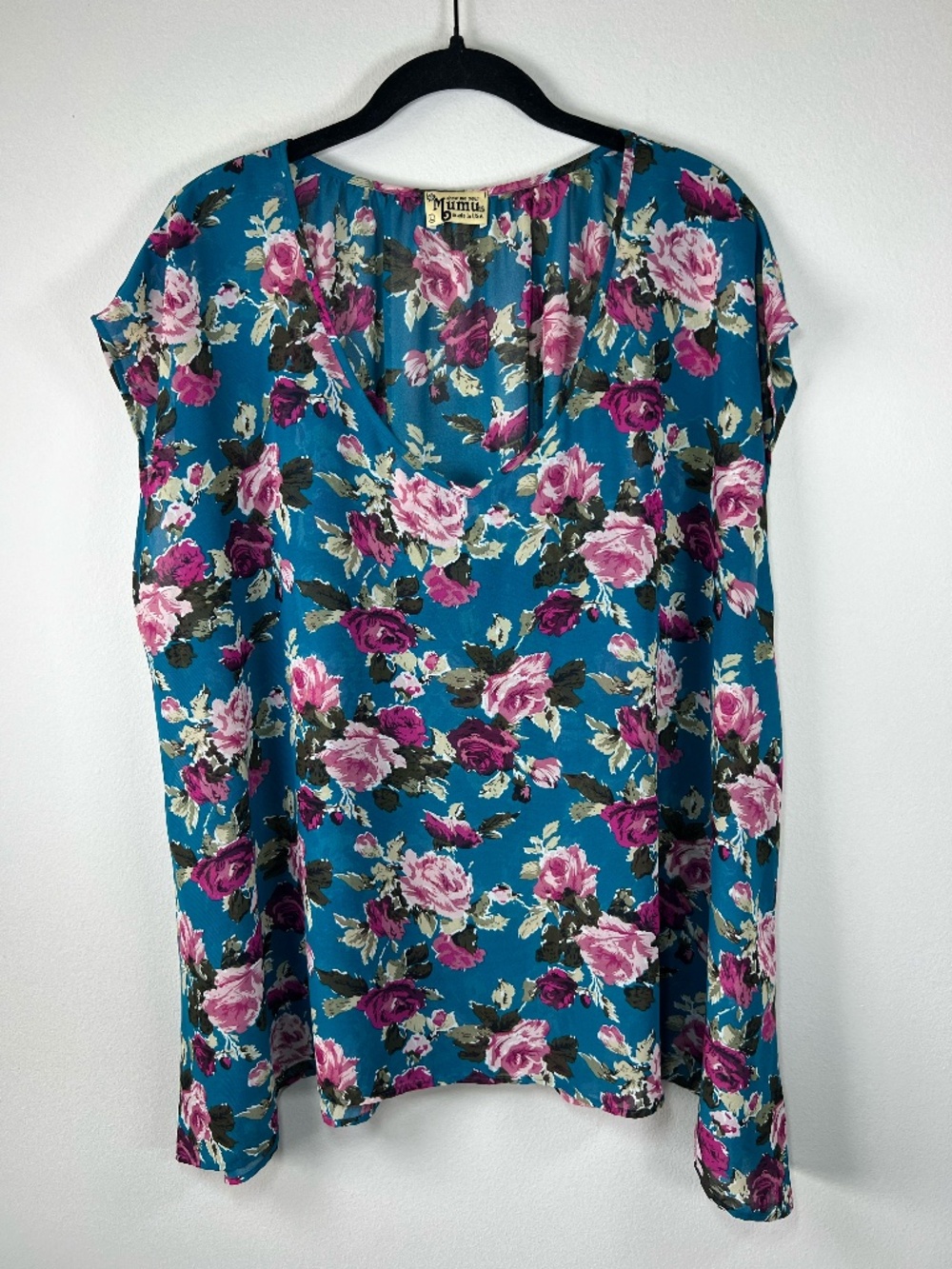 Show Me Your Mumu Floral Blouse Tunic Teal Semi Sheer Romantic Whimsical USA Lg